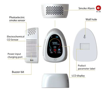 Un buon prezzo. GZAIR PT03 5-in-1 Air Quality Monitor - rilevamento CO/fumo/temperature/umidità, connettività WiFi, installazione a parete/desktop in linea