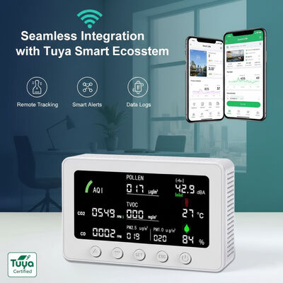 CE FCC Certified OEM ODM Smart Tuya 10-in-1 IAQ Detector PM1.0/PM2.5/CO2/CO/TVOC/POLLEN/AQI Monitor con RS485